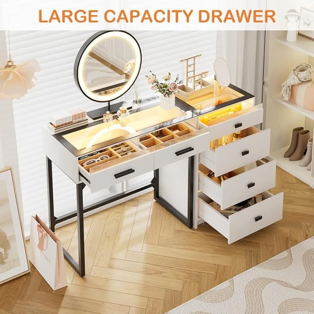 Vanity Desk w/ Mirror & Lights, 49" Modern Makeup Vanity w/ Charging Station,Glass Top Dressing Table, White (Chair not Include) 4