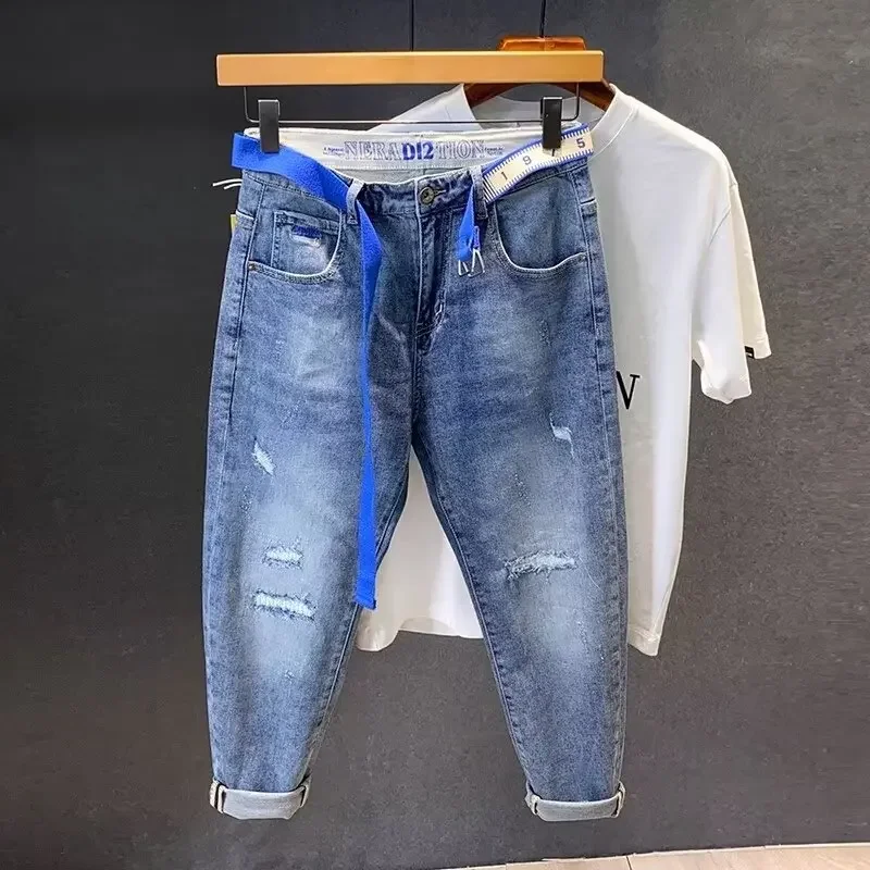 Trendy Straight-leg Slim Fit Jeans For Men Spring 2024 New Style Holes At The Top 9 Points 70% Cotton 20% Elasticity Pants