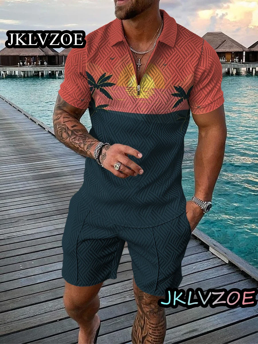 3D printing custom pattern summer men's POLO shirt set Hawaiian casual shorts short sleeves two-piece set under the sunset S-XXX