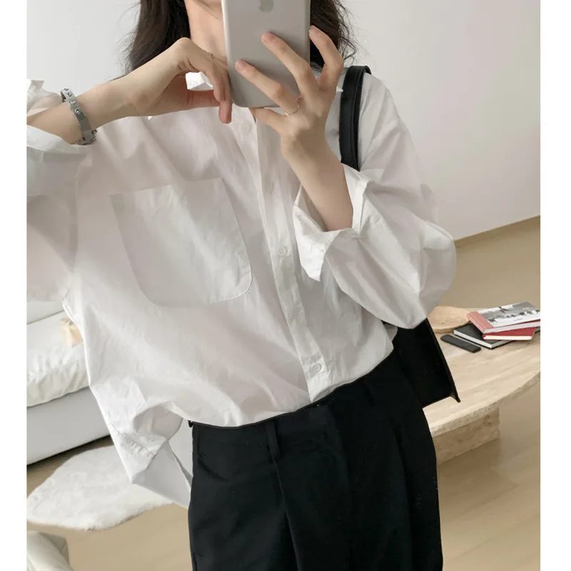 

Minimalist Style Ins White Shirts Women Casual Loose Long Sleeve Blouses Female BF High Low Hem Streetwear Tops Spring Pockets