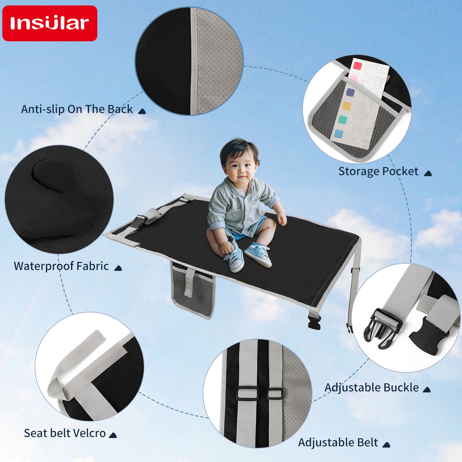 INSULAR Child Hammock Travel Bed Foldable Kid Plane Seat Extender Cushion Portable Seat Extend Pad Footrest Trip Essentials 1-3Y
