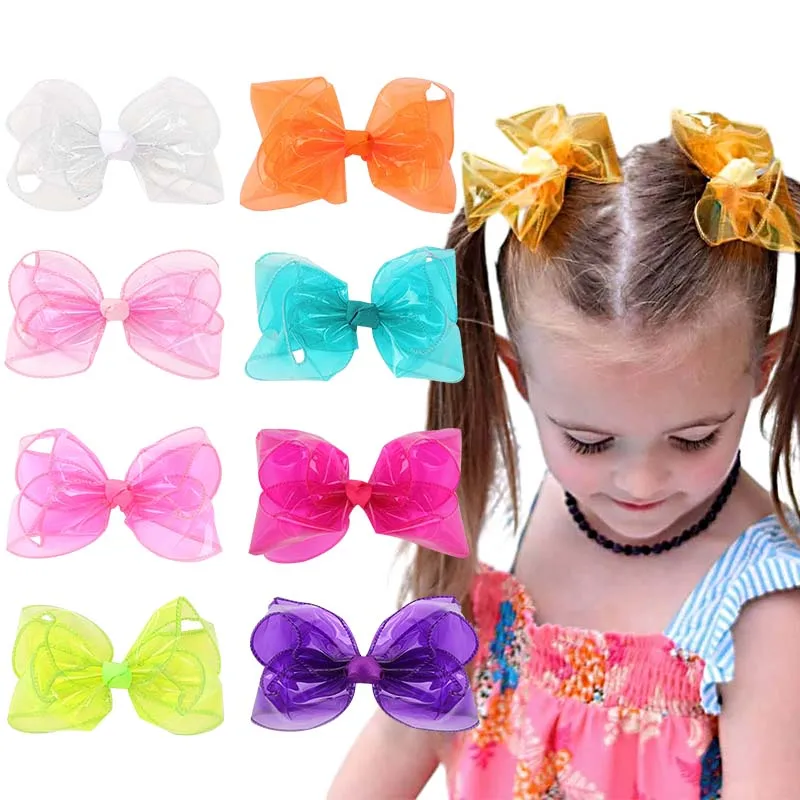 ncmama 8Pcs/set PVC Jelly Hair Bow Clips For Kids Girls Solid Waterproof Bowknote Hairpin Swimming Hairgrips Children Headwear 8pcs kids diy button stickers drawing toys handmade school art class painting drawing craft toys children early educational