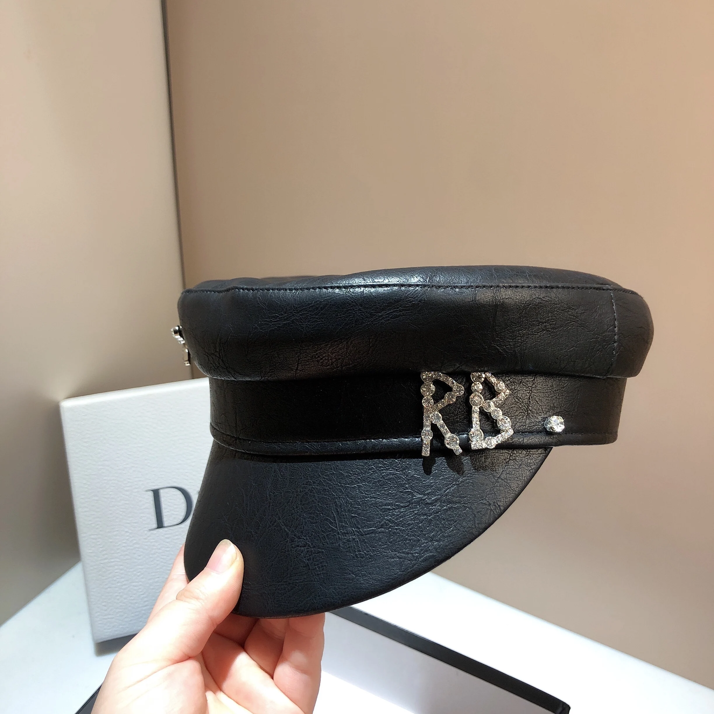 Cotton Newsboy Cap RB navy hat European and American net red wild black newsboy hat female spring and autumn outdoor travel sunshade leather peaked
