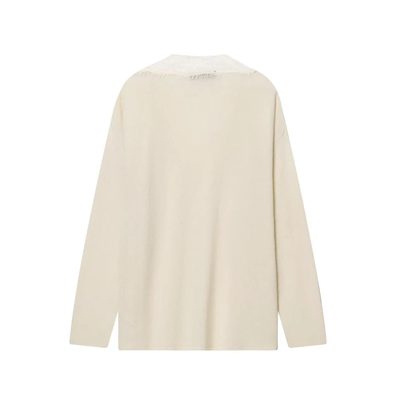 Autumn Winter Chic Knitted Pullover Women Elegant Lace Splicing V neck Sweater Casual Long Sleeve Female Elegant Knitwear Top