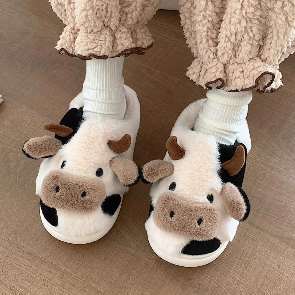 Lifun Cute Furry Slippers For Women Girls Winter Fashion Milk Cow Fluffy Cotton Shoes For Indoor Home Cartoon Animal Warm Slides