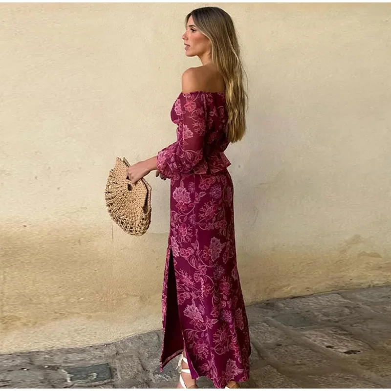 Vintage Print Top Skirt Suits Women One Shoulder Long Sleeve Waist Up Ruffled Hem Tops High Slit Skirt Vacation Beach Outfits