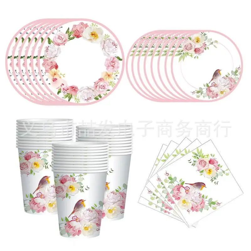 

Rose flower set Baby shower Wedding Tea party dinner disposable birthday party supplies Paper plate paper cup paper towel balloo