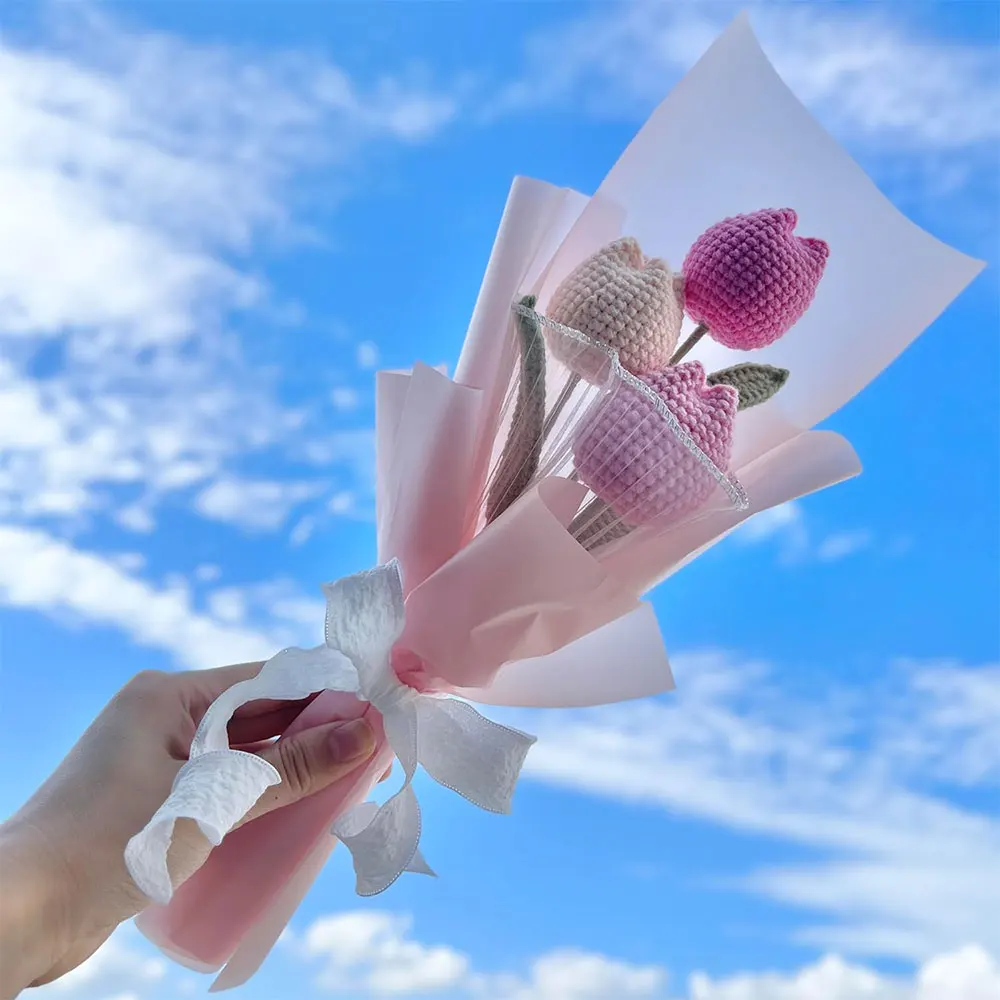 Hand Woven Roses Tulip Simulation Flower Preparation Handmade Flower Diy Wool Knitting Homemade Crochet Bouquet Finished Product