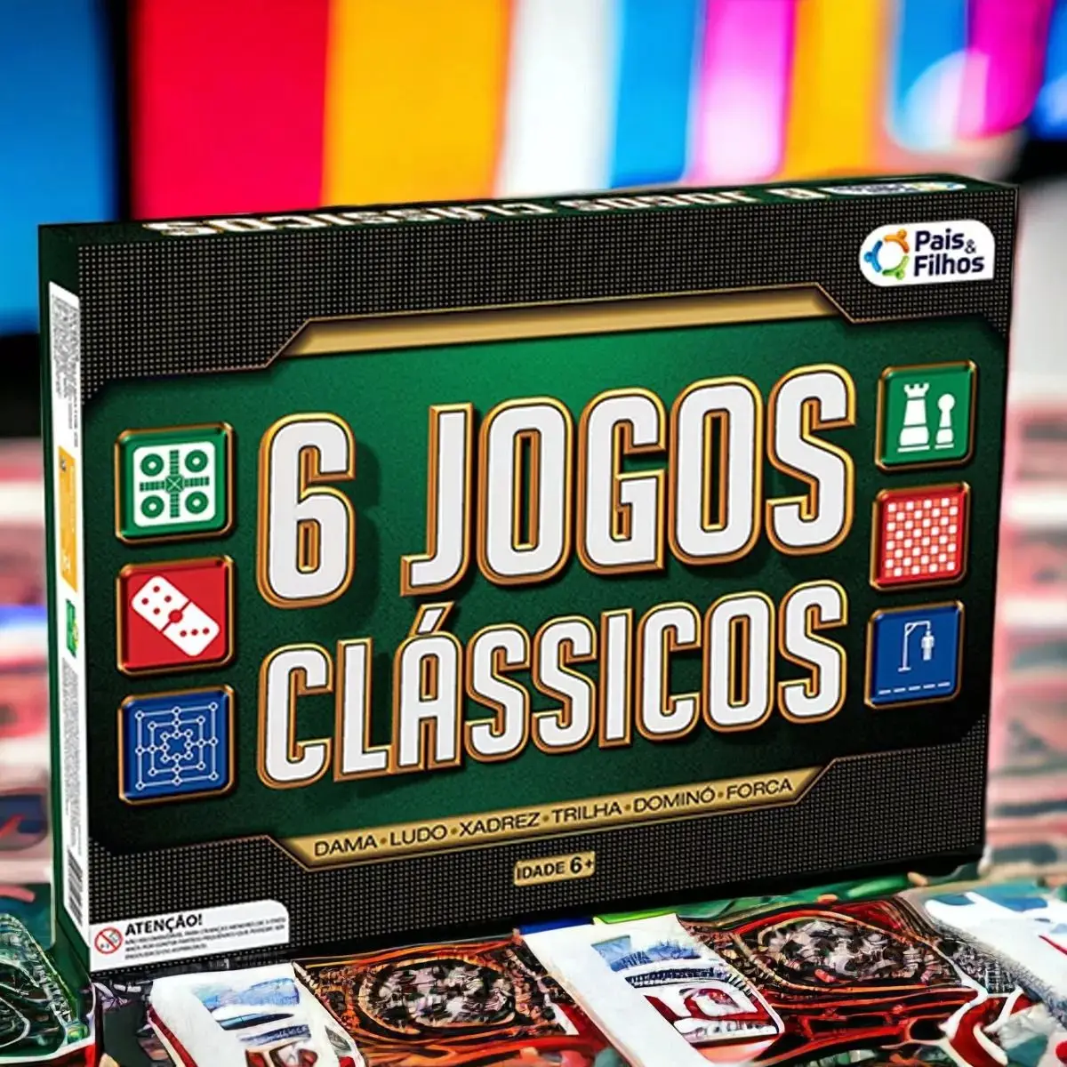 Jogos Clássicos 6 em 1 Xadrez, Ludo, Dama, Trilha, Forca e Dominó