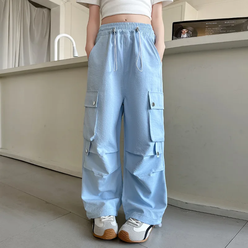 Girls Workwear Pants Summer Big Children Fashion 3 Colors Ice Silk Loose Straight Leg Trousers For 5-14Years Kids