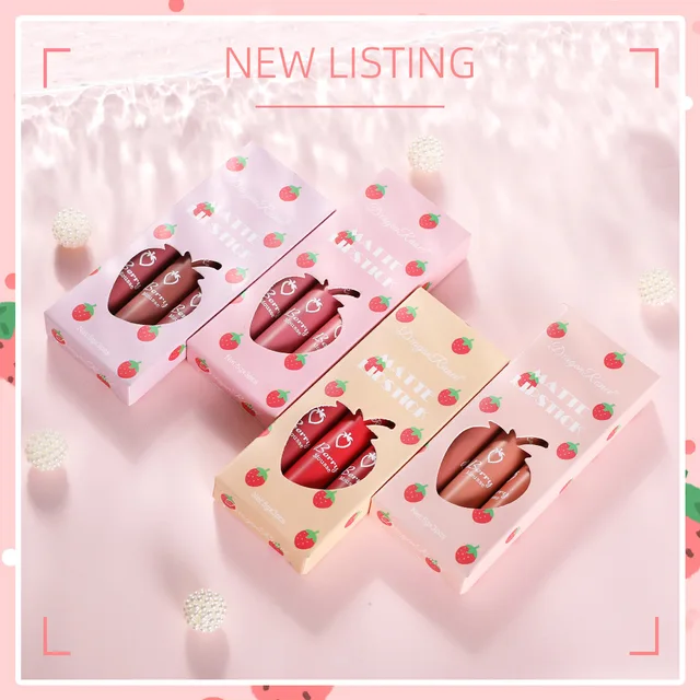 57198-b5ca3b.jpg 3 pcs Strawberry Lip Glaze Set Velvet Matte Liquid Lipstick Lipstick Non stick Cup