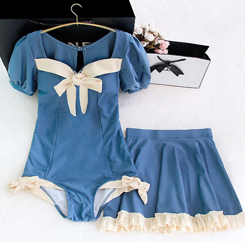 

Japanese Cute Lolita Girl's One-Piece Swimsuit Maid Bow Bikini Set Skirts Two-piece Set Summer Swimwear Women Sexy Bathing Suit