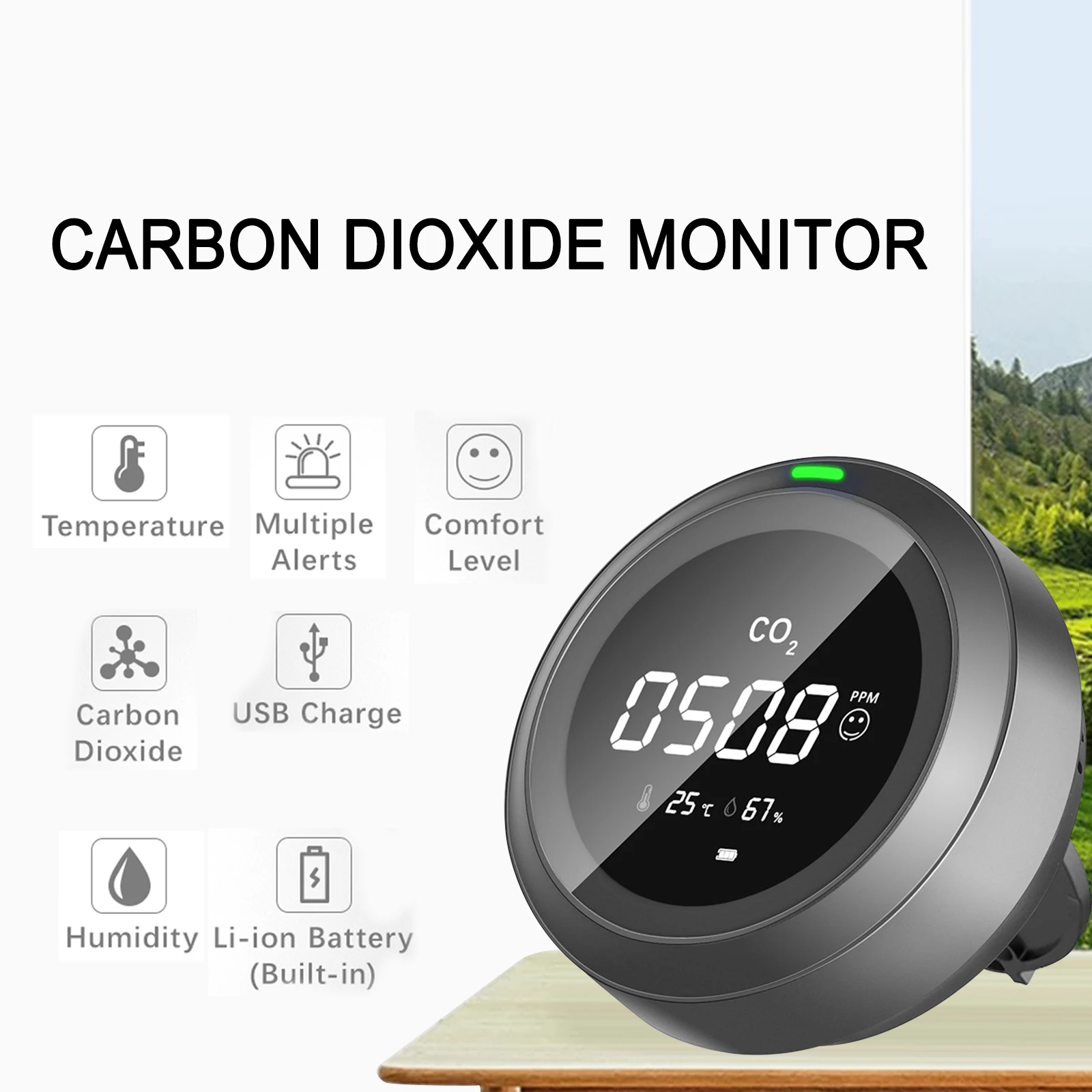 

3-in-1 CO2 Detector Air Quality Monitor with Temperature Humidity 2400mAh Rechargeable Lithium Battery Carbon Dioxide Tester