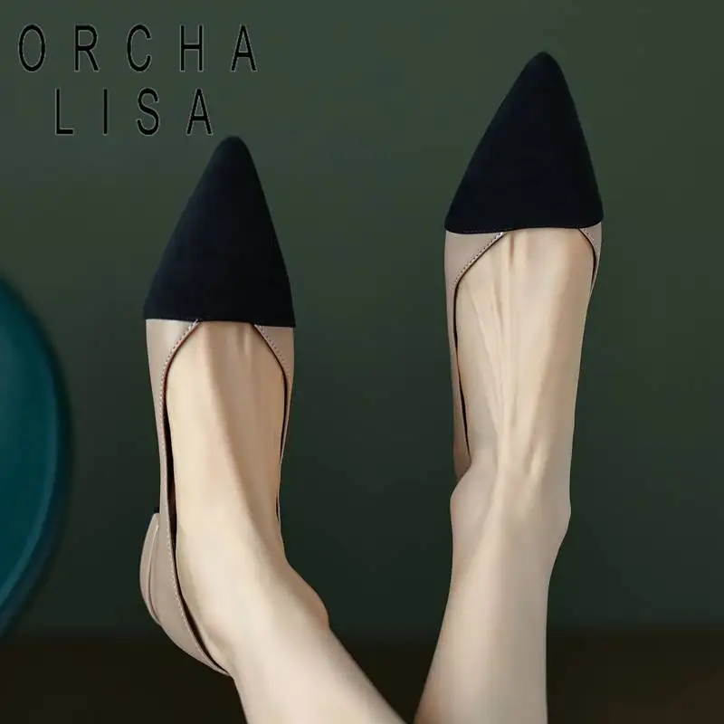 

ORCHA LISA Female Shoes Pointed Toe Mixed Color Slip On Flock Splice Plus Size 40 41 42 43 Women Flats Concise Daily Comfortable