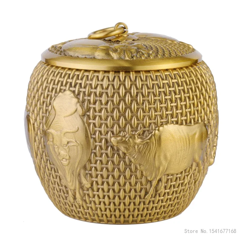 Chinese Style Brass Animal Cow Pattern Sealed Tea Can, Portable Travel Mini Storage Home Copper Tea Box, Large Medium Small, 1Pc