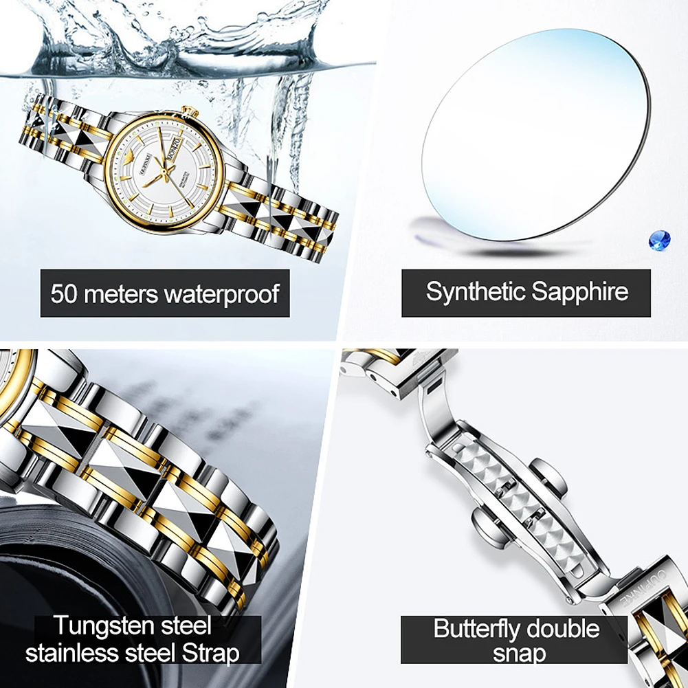 OUPINKE 3170 Deep Waterproof Automatic Watch For Women Dual Calendar Mechanical Hand Clock Stainless Steel Luxury Woman Watches 6