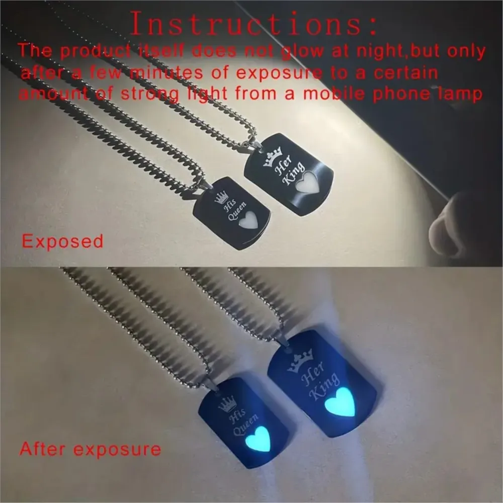 Stainless Steel Luminous Love Heart Her King & His Queen Crown Pendant Necklace for Women Couple Necklace Jewelry Gifts