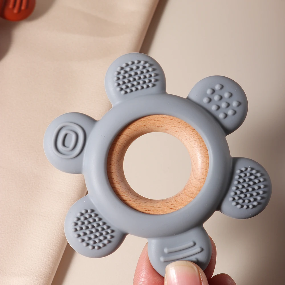 hot sale Baby wooden teether flower silicone teether Food Grade Safe Teether with wooden ring  Toy Teething gift 2