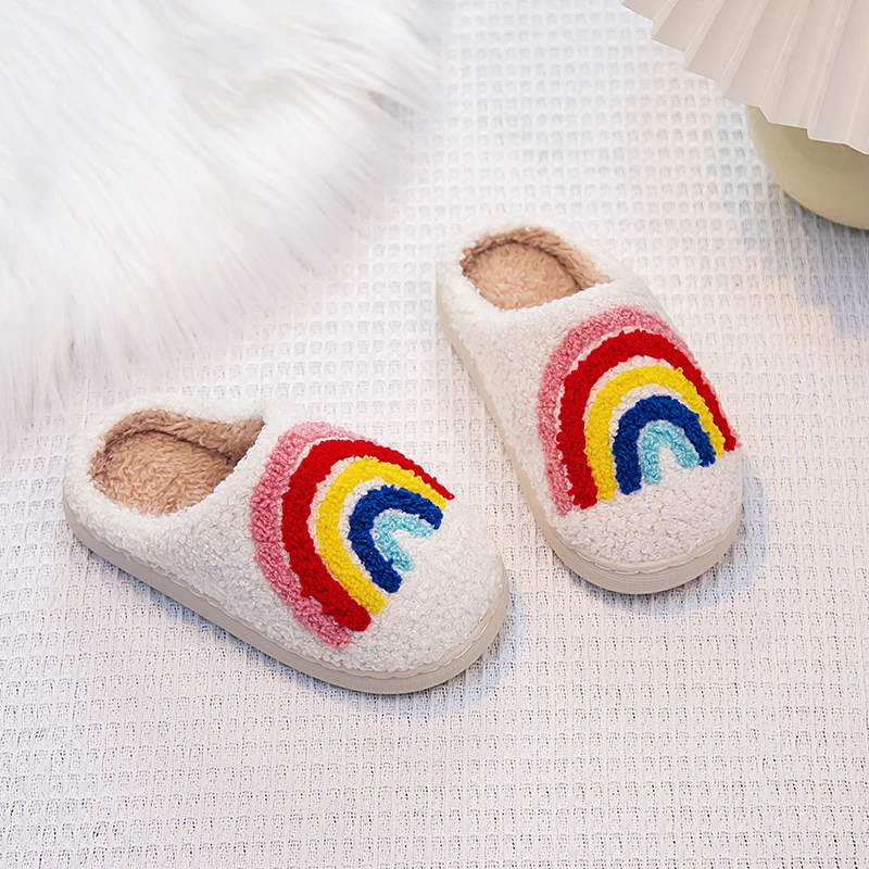Rainbow Furry Kids Slippers Winter Soft Plush Home Shoes
