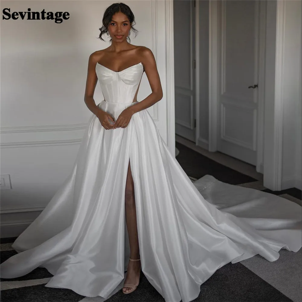 

Sevintage A-Line V-Neck Bride Wedding Party Dress Strapless Satin Ruched High Slit Floor Length Ivory White Bridal Gowns 2024