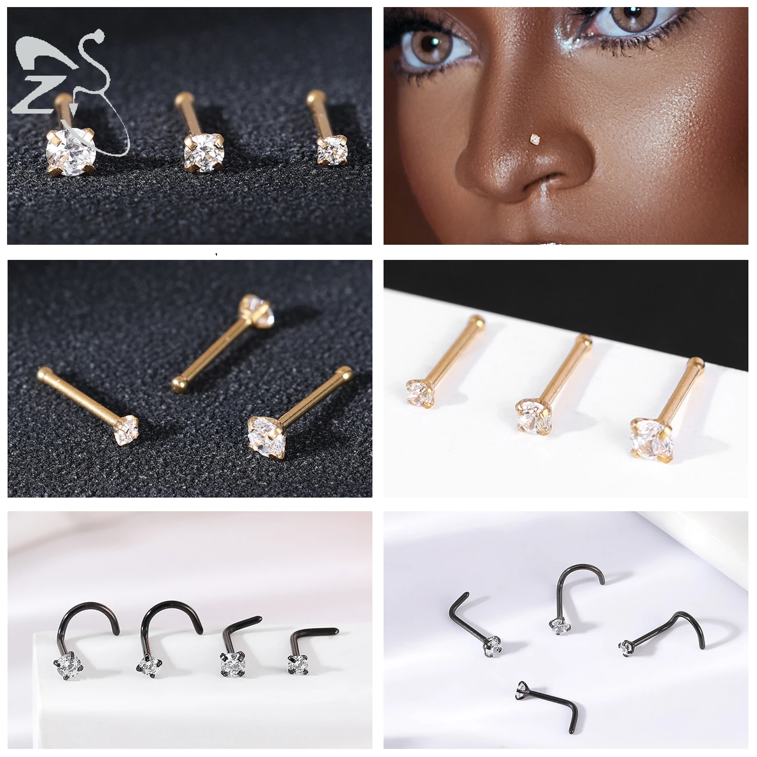 ZS 3-4 Teile/los Gold Farbe Edelstahl Nase Stud Set Herz Stern Runde Kristall Nase Piercing L Form nasenloch Piercing 18g/20g – Detail 8