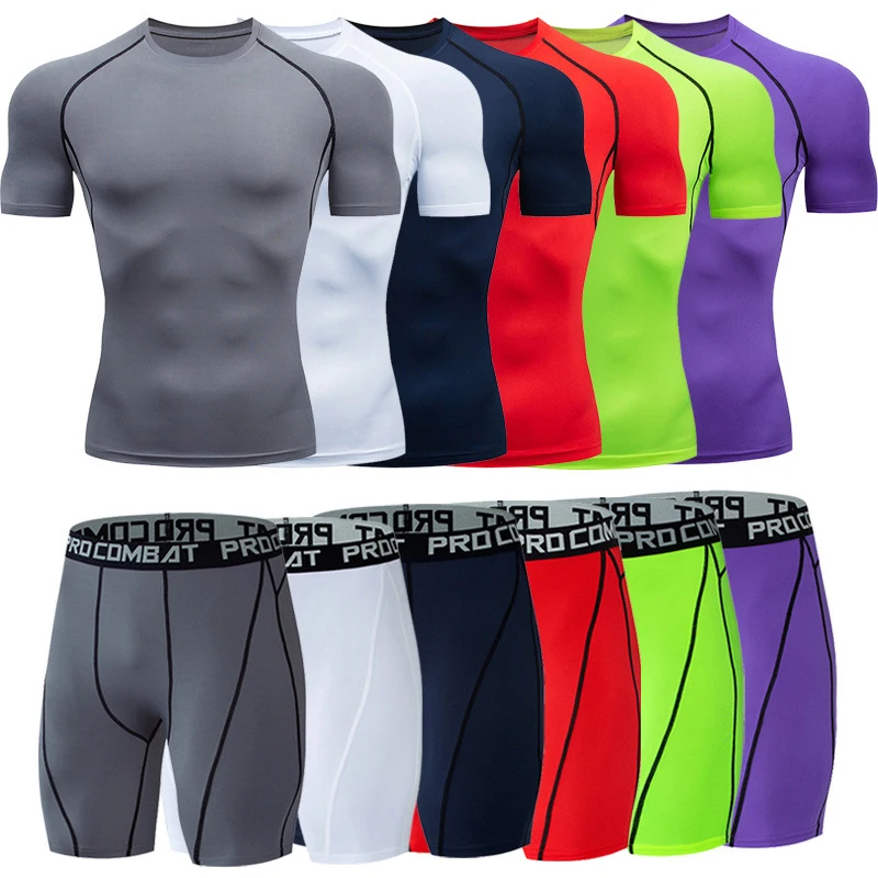 2 Pcs/Set Men's Short SleeveSet Clothes Compression Sport Running Jogging GYM Tracksuit Men Clothing 2 pcs set men s short sleeveset clothes compression sport running jogging gym tracksuit men clothing