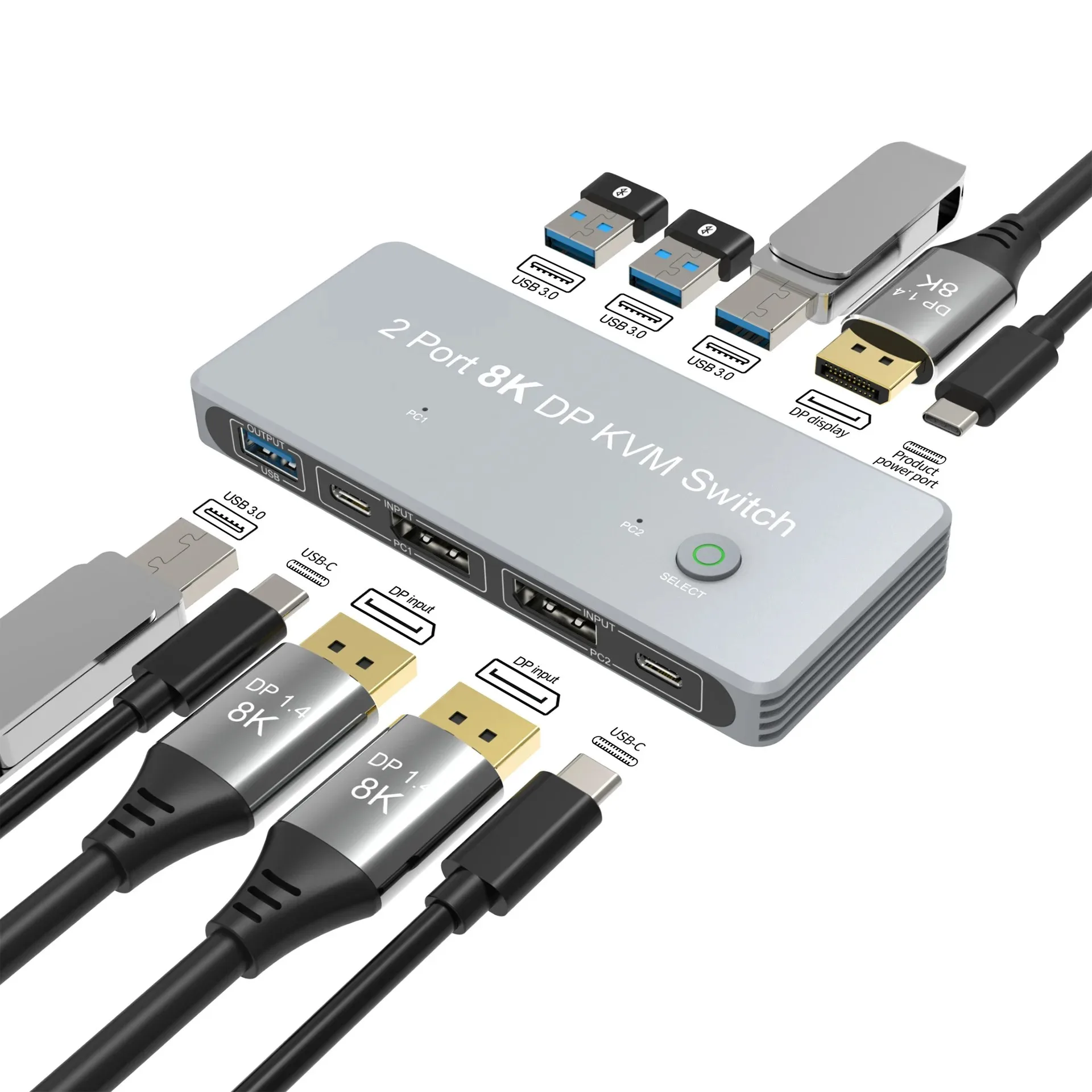  ÷ Ʈ USB KVM ġ, PC ƮϿ, ȥ Է, DP 2 Ʈ, 8K, 60Hz, 4K, 144Hz, KVM  1 