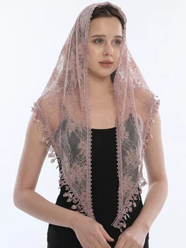 Sciarpa a triangolo in pizzo da donna Scialli con ricamo floreale Foulard in pizzo cristiano musulmano Velo di lusso Hijab Nappe in tinta unita Fascia 1