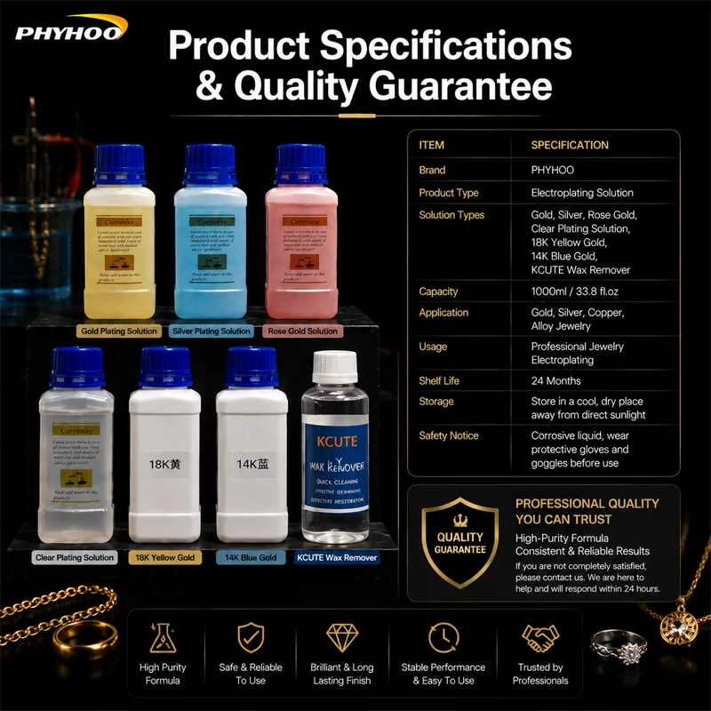 PHYHOO Professional Jewelry Electroplating Solution Kit Gold Silver Rose Plating Formula Fluid System For Workshop DIY Crafts