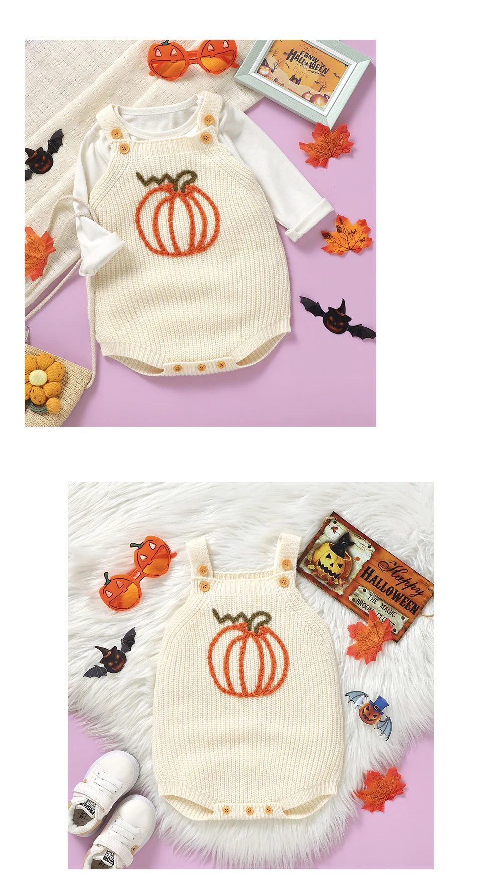 Winter Halloween Kürbis Stricken Baby Bodys Kleidung Neugeborenen Kinder Jungen Mädchen Strap Onesie 0-18m Ein Stück kinder Outfit – Detail 9