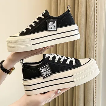 2026 New Women's Black Platform Canvas Sneakers Lace-up Comfortable Shoes Fashion Outdoor Multi-functional Sports Canvas Shoes 1