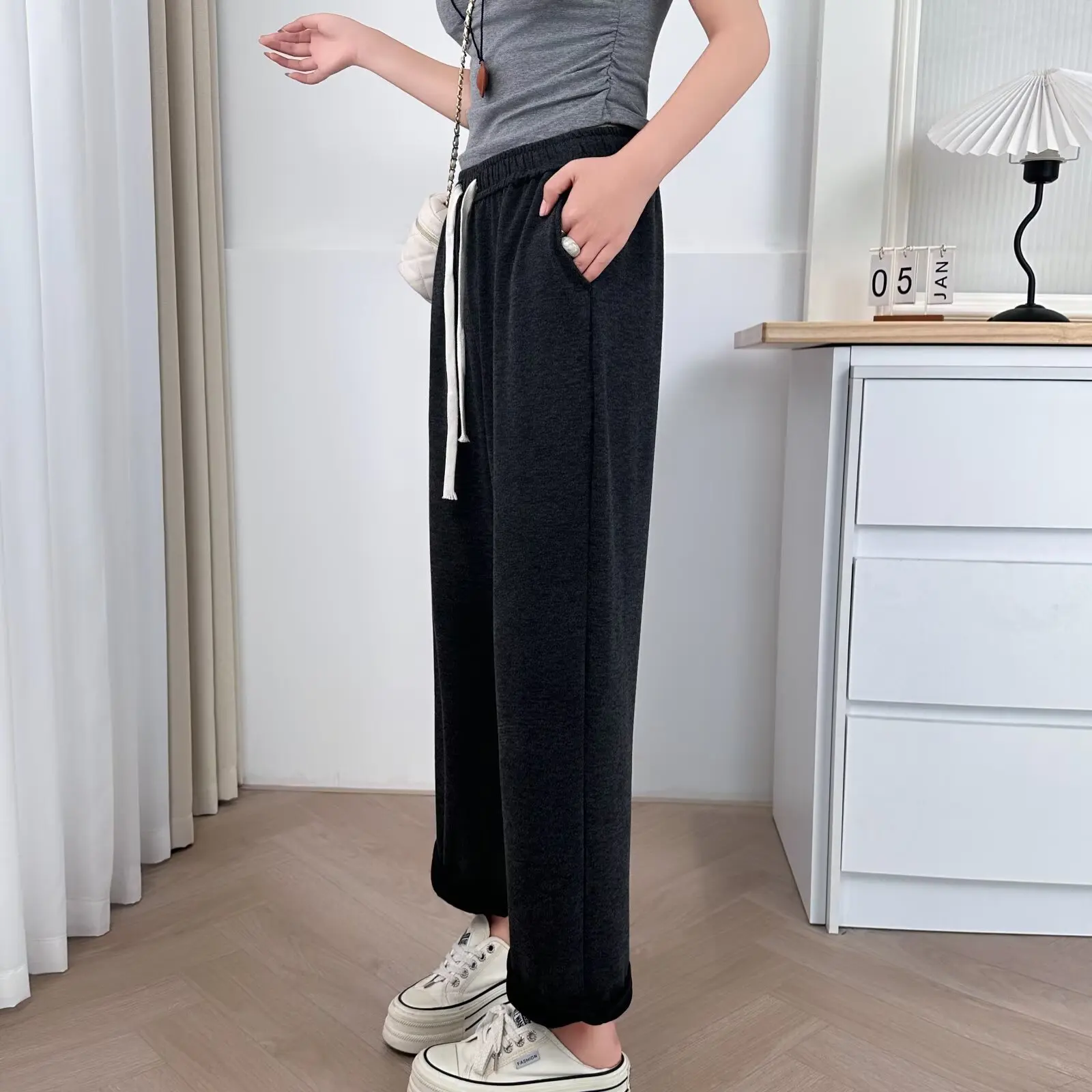 Plus Size Women's Straight Leg Pants 2025 Autumn New Style Simple And Casual Soft Drawstring Waist Trousers 666