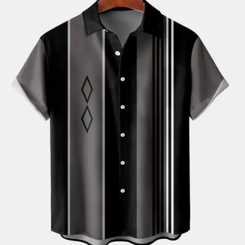 Men Shirts Striped Elegant Blouse Color 3D Printing Short Sleeve Button Top Casual Social Shirts Oversized Fashion Men Clothes