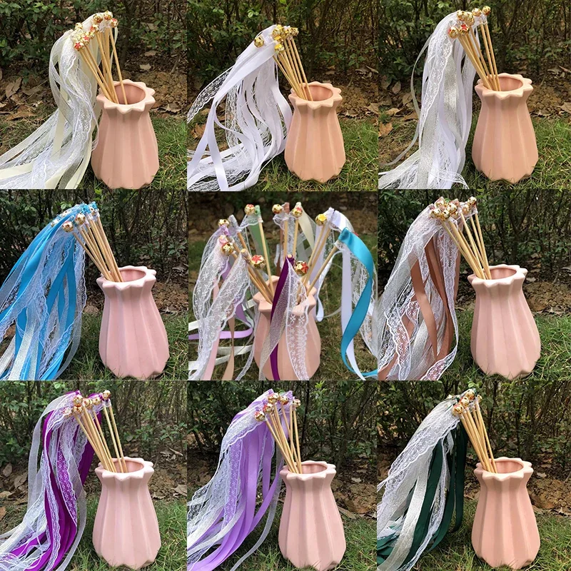 

50/20pcs lot Colorful Stain Ribbon Wedding Stick Mixed Color Wedding Wands with Gold Bells Party layout for Wedding Decoration