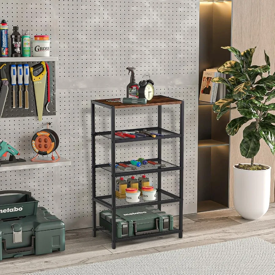 Metal 5 Tier Shoe Rack for Front Door Entrance Entryway and Closet Shoe Organizer with 4 Sturdy Metal Mesh Shelves and Wooden T