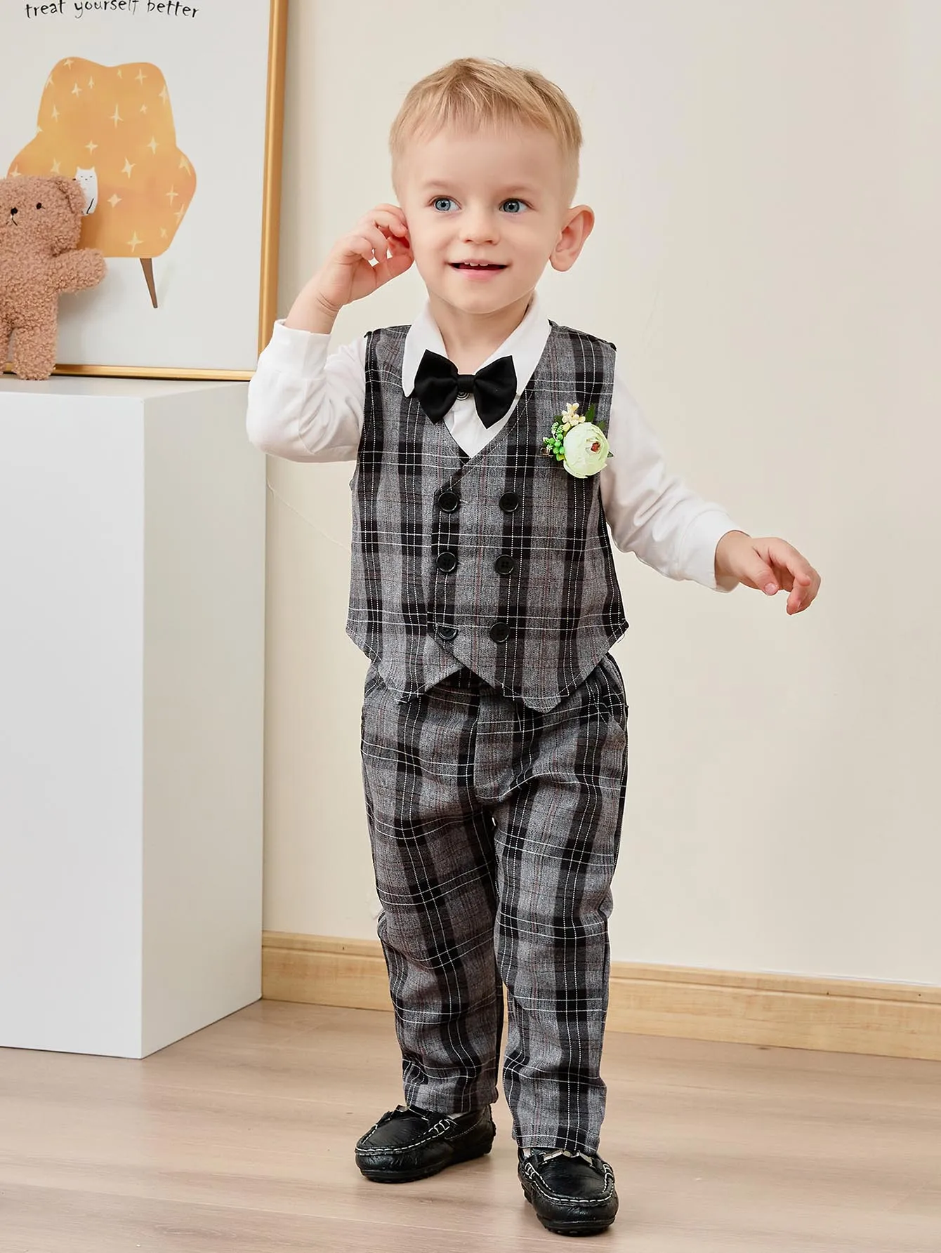 Baby Boy Clothes Suits 5PC Infant Gentleman Outfit Dress Shirt+Bowtie+Vest+Corsage+Pants Toddler Boy Wedding Party Outfits 3