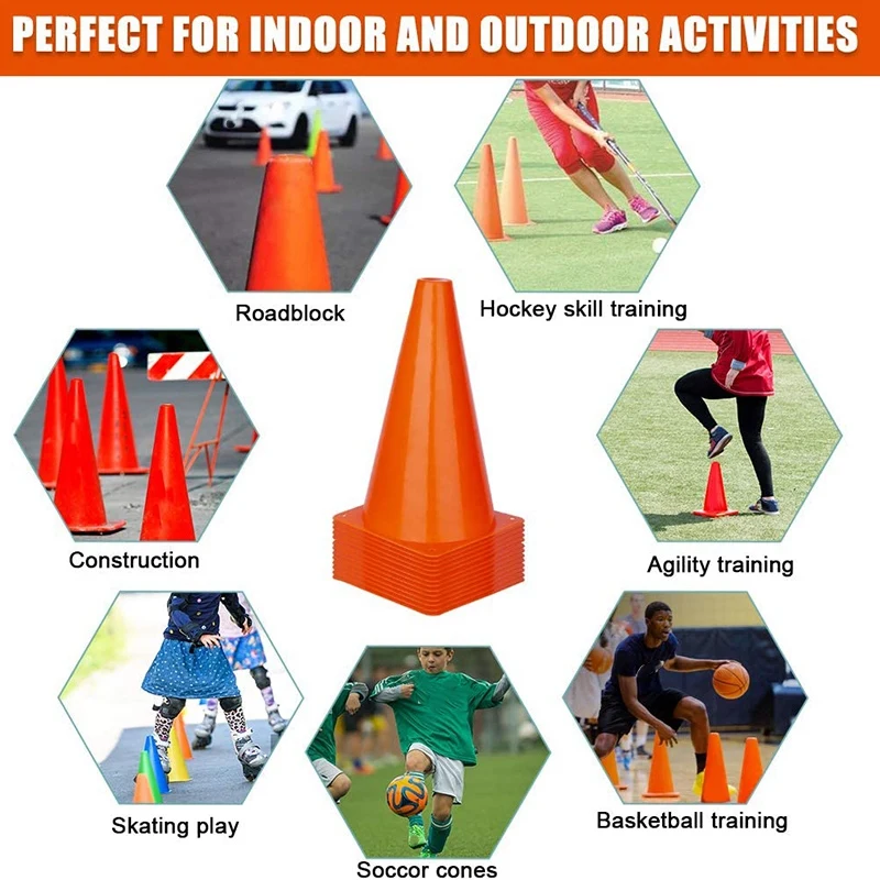 MARFOREVER 9 Inch Cones Sports 18 Pack Orange Soccer Training Cones Plastic Traffic Marker Cones with 2 Whistles for Basketball Football Practice Indoor Outdoor Festive Events Agility Cones 
