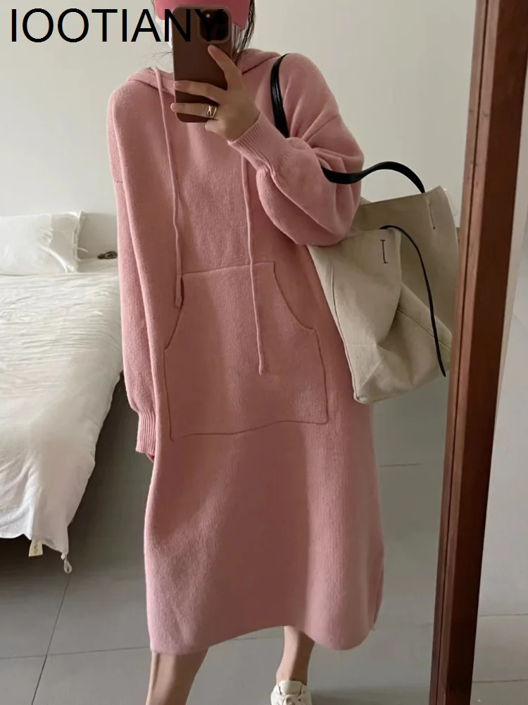 

Autumn/Winter New Lazy Style Knit Hooded Sweaters Dress Womens Dresses Fashion Casual Loose Women Mid Length Pullover Dresses