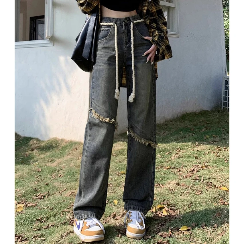 American retro straight wide-leg jeans female high-waisted 2024 new loose drape dragging pear-shaped figure trousers