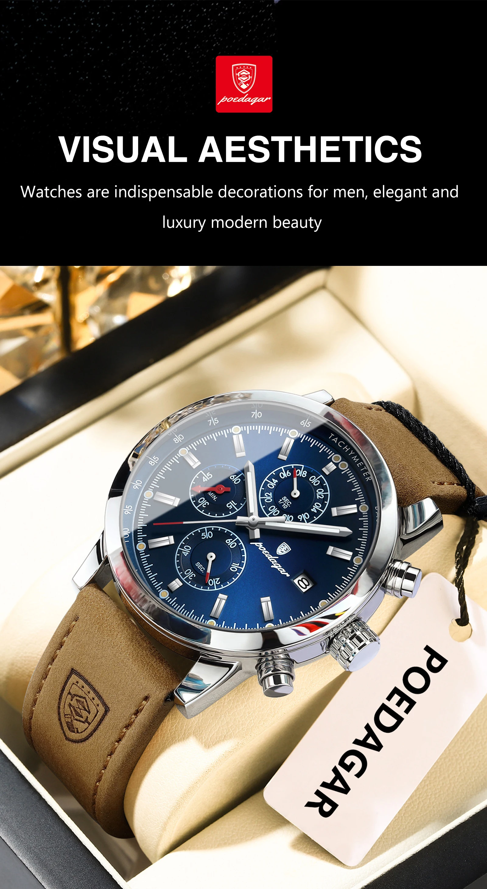 POEDAGAR Funktionale Herren-Armbanduhr mit Datum, wasserdicht, leuchtend, Chronograph, Leder, Quarz, Militäruhr + Geschenkbox_voghion.com