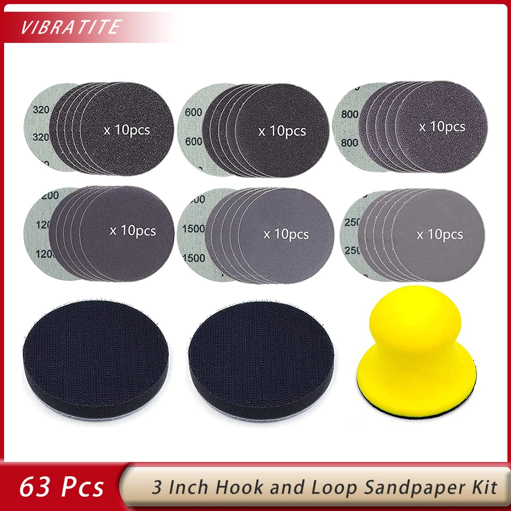 

63Pcs Sandpapers 3 Inch Sanding Disc Hook and Loop Wet Dry Sandpaper with Hand Sanding Blocks 2Pcs Interface Pads for Wood Metal