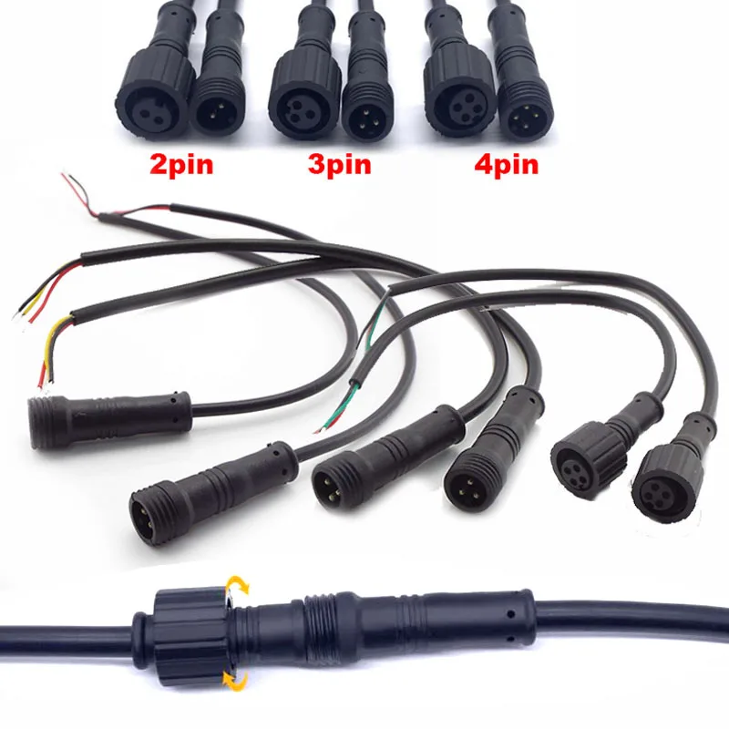

5pcs/Lot Waterproof Power Cable Male Female 2Pin 3Pin 4Pin Jack Plug Adapter Connector Wire 500V 3A Connector 20cm Cords