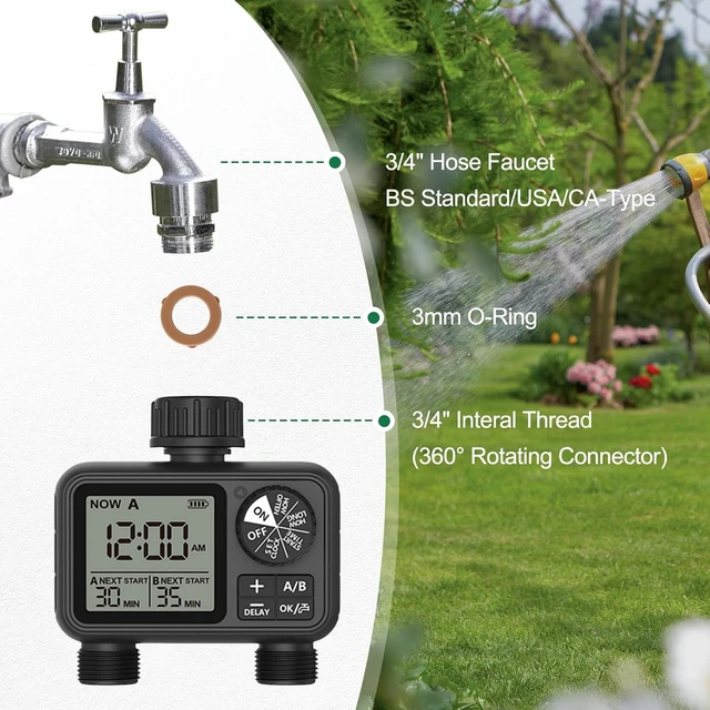 Water Timering Newest 2-Outlet Digital Water Timer A/B-Zone Independent Programer Control Adjustable Sprinker Easy Installation 4