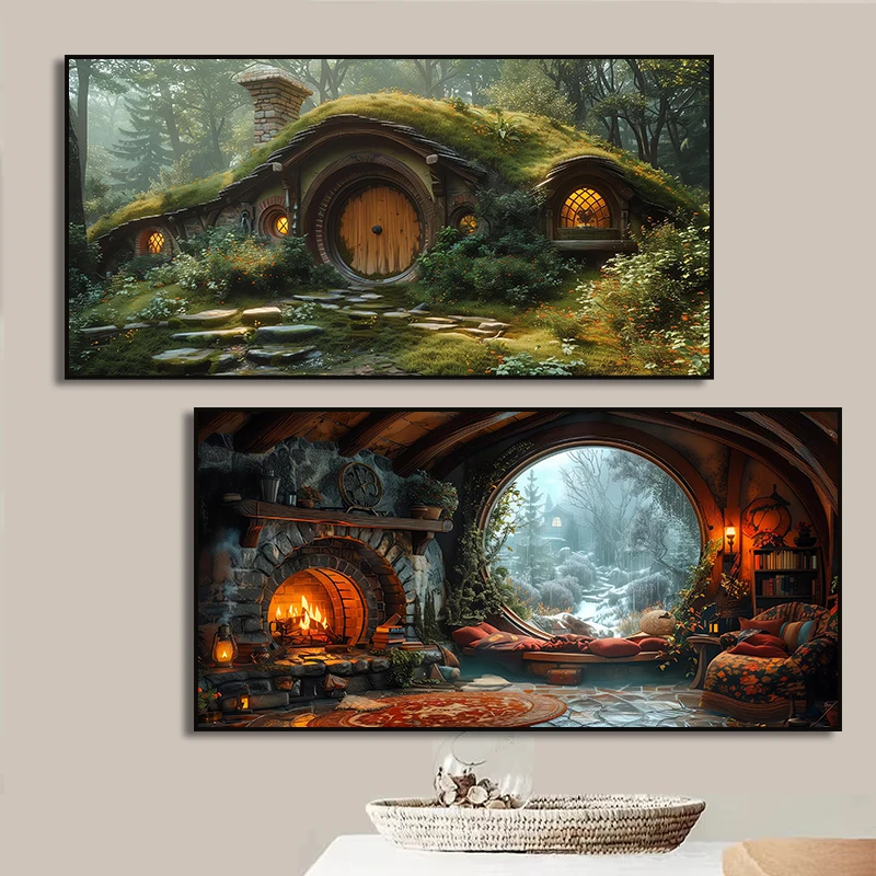 H-Hobbit Hole House Canvas Painting Art Print Fantasy Cottagecore ...