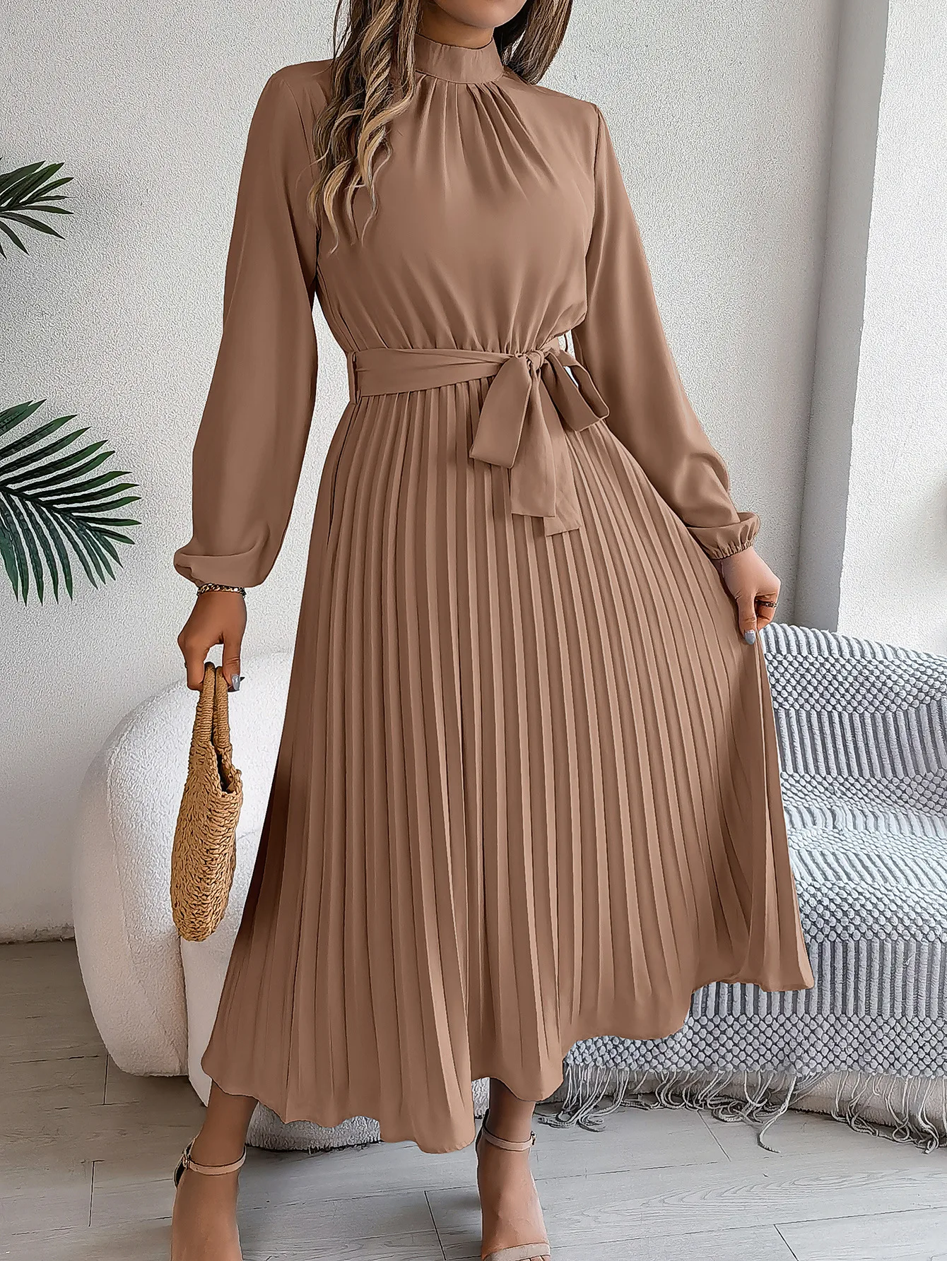 Women's Elegant Stand Collar Long Sleeve Pleated Long Dresses 2025 Spring Autumn Ladies Solid Lace-up Pleated Party Midi Dress 6