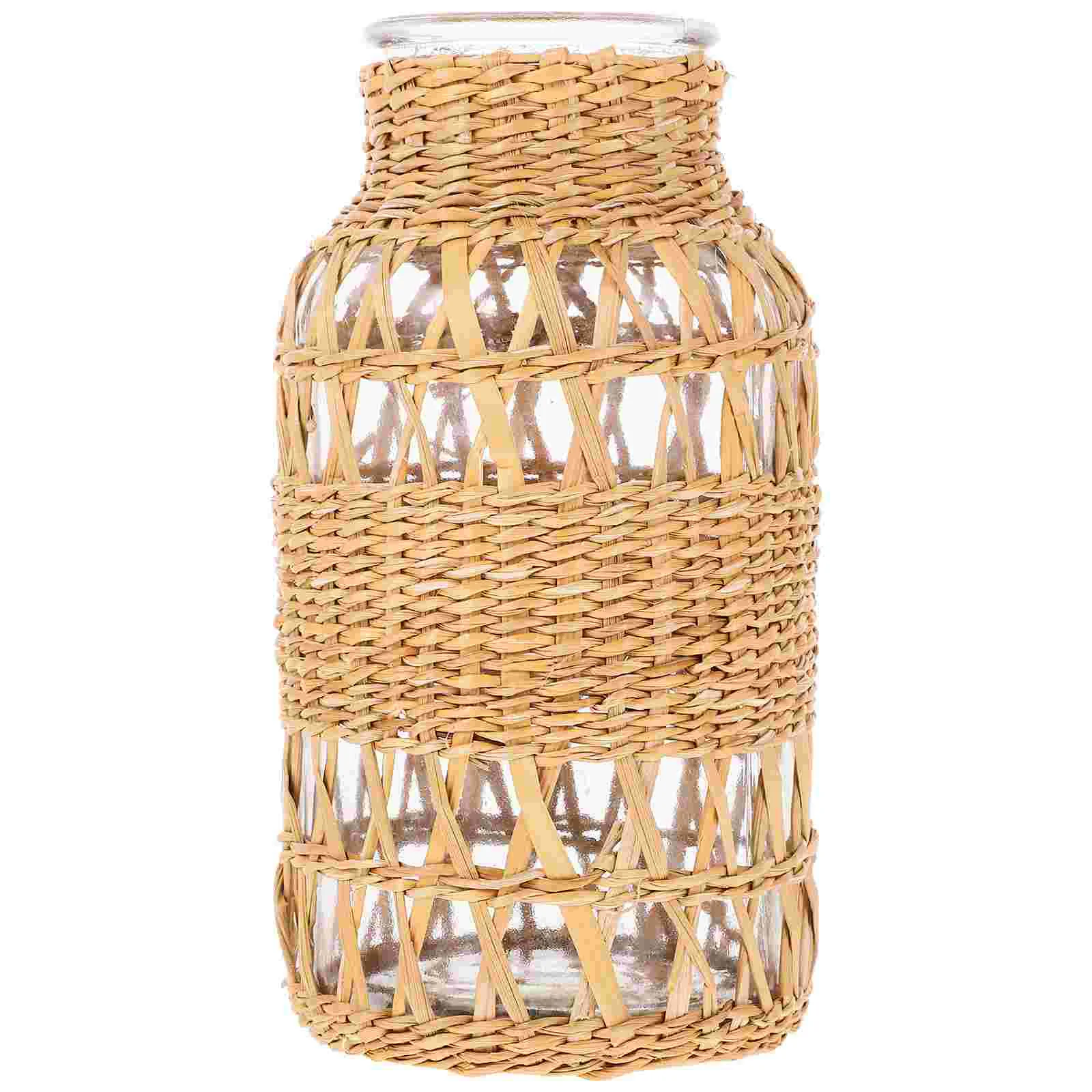 

Rattan Glass Vase Simple Table Desktop Woven Art Rustic Decor Plant Decorate Countryside Style Flower Fall Vases