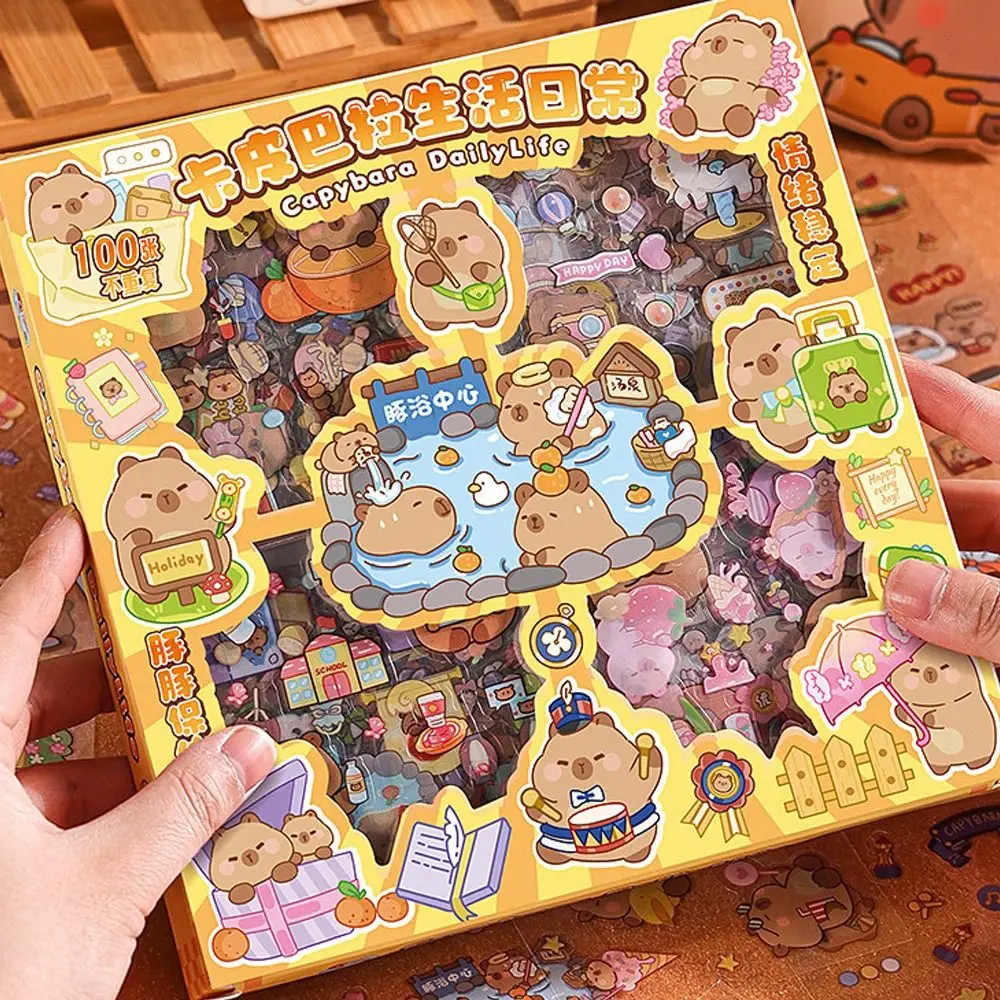 100 Sheets Trendy Non-Repeating Capybara Animal Stickers Waterproof 2024 Kids Sticker Cartoon Cute Suitcase Decal Children