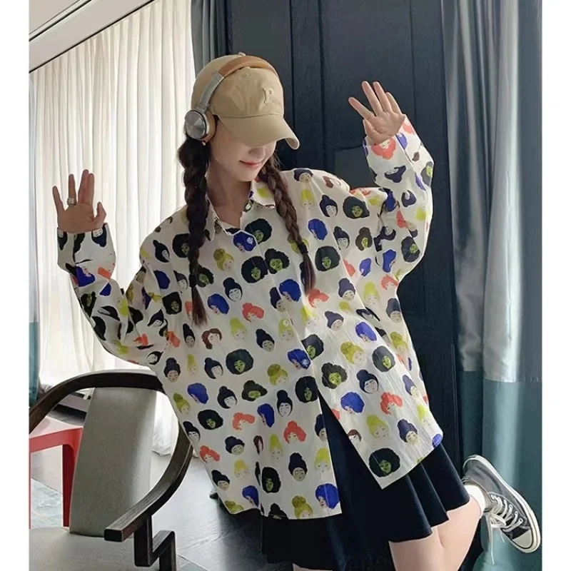 2023 New Spring and Autumn Cute Age Reducing Cartoon Pattern Loose Casual French Printing Simple Versatile Women's Shirt