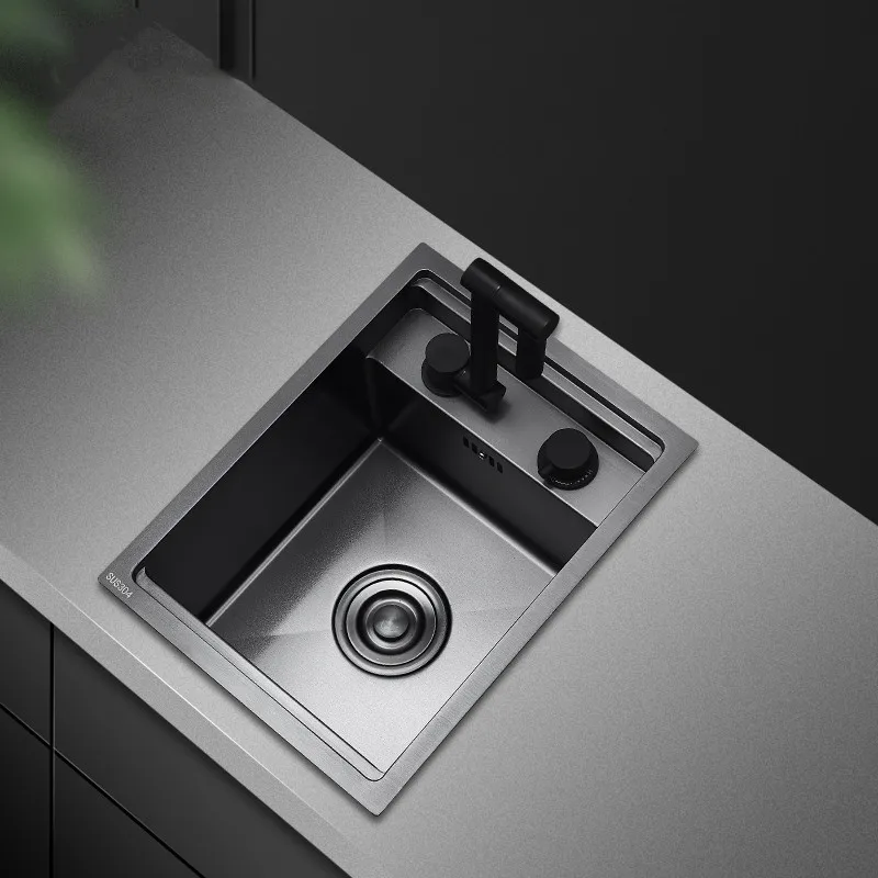 Black Hidden Kitchen Sink Handmade with Lid Single Bowl 304 Stainless Steel Folding Faucet 4mm