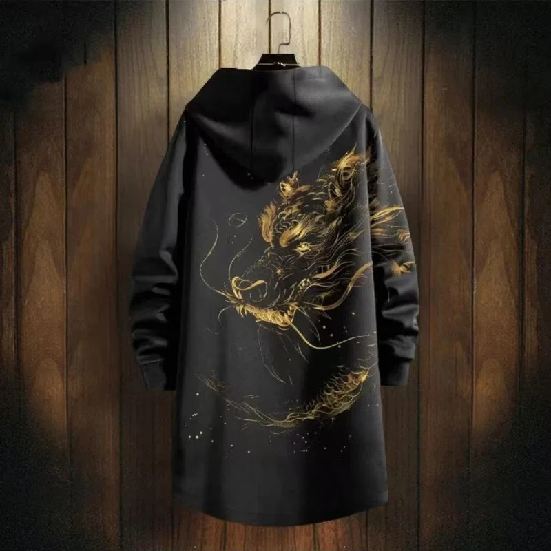 Autumn Winter Fashion Hoodies Long Sleeve Printing Medium Long Styles Trench Men's Clothing Pocket Korean Button Trend Tops